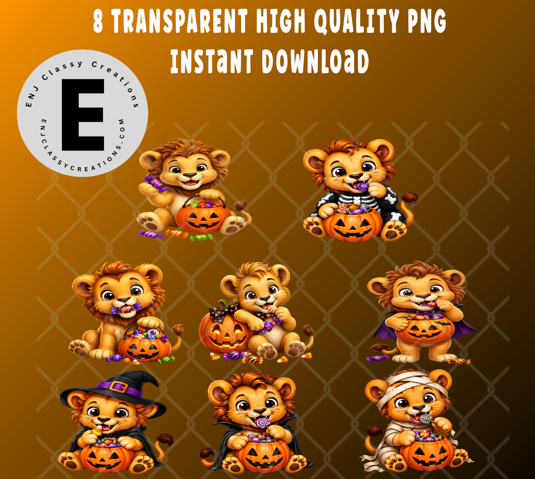 Cute Halloween Baby Lion PNG Bundle | 8 Transparent Clipart Images