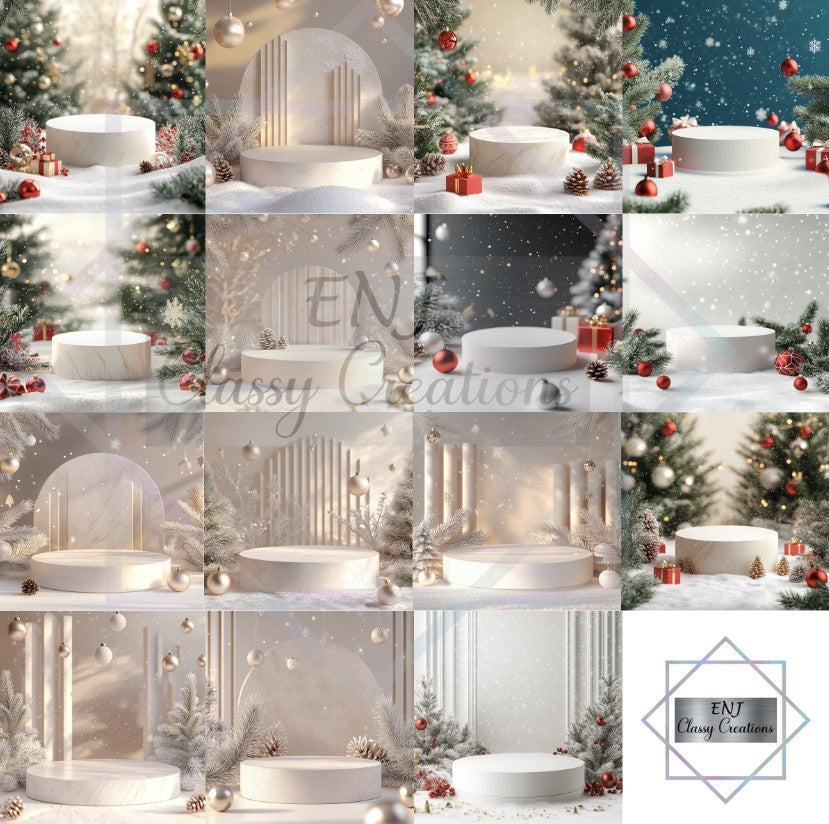 15 Christmas Backgrounds with Podium for mockups